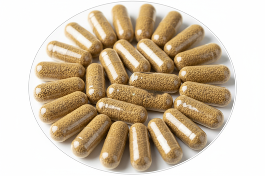 transparante capsules met licht bruin poeder. In een ronde afbeelding